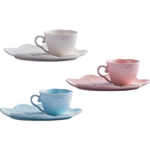 Cup And Saucer Set Coffee Cup Dessert Dish Matara Ceramic Coffee Mug Basso-Relievo Lace Mug Tableware Candy Color Cutlery 1set