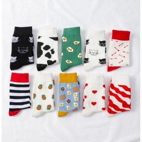 PEONFLY New 2019 Autumn Winter Women Socks Funny Egg Cat Pineapple Pattern Korean Style Sokken Novelty Combed Cotton Happy Socks