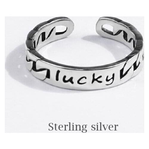Season Gate 925 Sterling Silver Creative Trendy Thai Silver Literary English Letter Lucky Adjustable Size Open Ring SR141