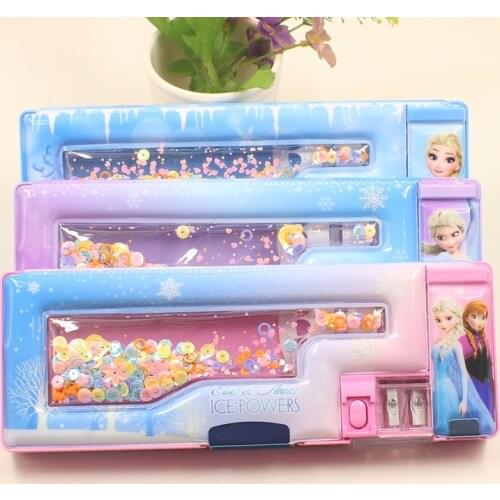Disney Quicksand Stationery Box Cute Frozen Cartoon Pencil Box Multifunctional Large Capacity Colorful Pencil Box Gift
