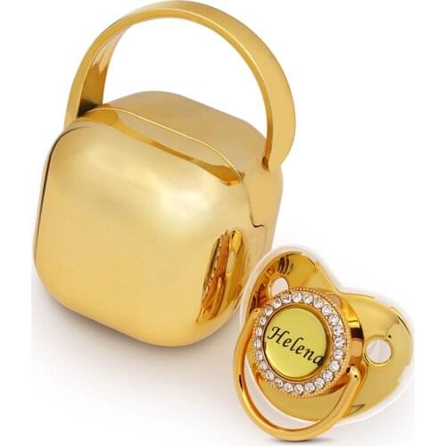 Personalized Any Name Gold Baby Pacifier Golden Storage Box Silicone Dummy Nipple Sucette Dustproof Bling Custom Baby Pacifier