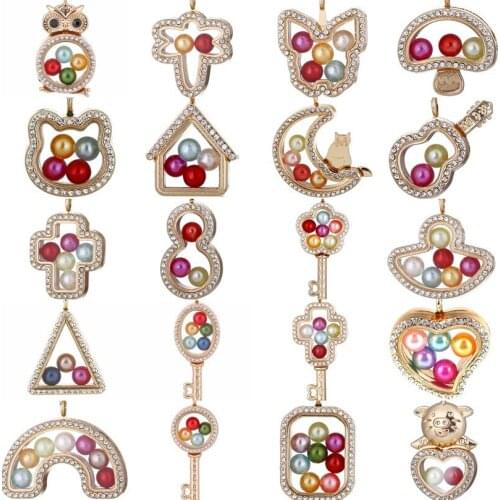 Floating Living Memory Rhinestone Locket Pendant fit 8mm Beads Pearl Cage Photo Charms Pendant with Steel Chain Necklace or no