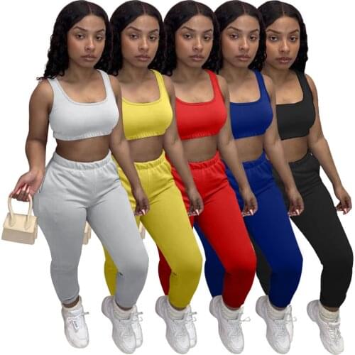 Sports Two Piece Pants Sets Solid Color Sleeveless Vest Pocket Casual Jogging Biker Matching Set Women Summer