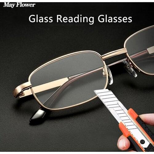 Anti-Scratch Reading Glasses Retro Square Presbyopic Eyewear With Glass Lenses Metal Hyperopia Eye Glasses Mens glasses +3.5+4