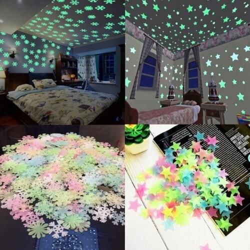 Hot 50/100Pcs Luminous Wall Stickers 3D Star Snowflakes Energy Storage Fluorescent Glow For Kids Living Room Decals Decoration