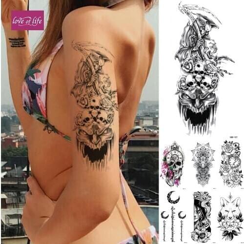 Skull Grim Reaper Hell Temporary Tattoo Sticker Flash Waterproof Tattoos Lion Fox Body Art Arm Fake Tatoo Women Men