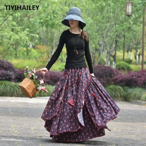 TIYIHAILEY Free Shipping Long Maxi A-line Elastic Waist Women Summer Cotton Linen Chinese Style S-2XL Flower Print Big Hem Skirt