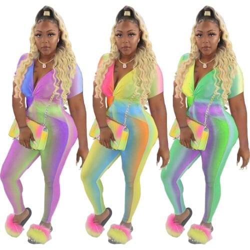 Plus Size Clothes Fashion Short Sleeve Womens Rainbow Positioning Printing Slim Fit Sexy V Neck Jumpsuit Wholesale Dropshipping