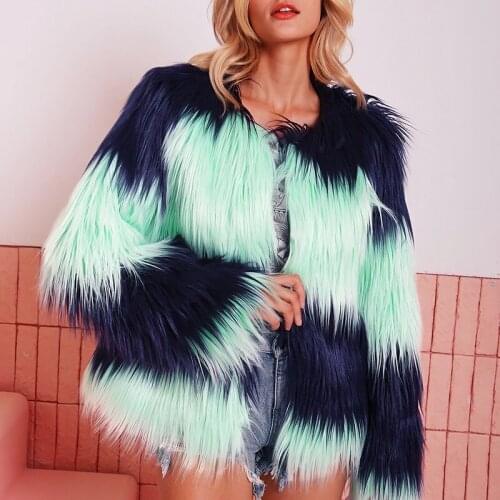 Winter Warm Women Faux Fox Fur Collarless Thick Coat Long Sleeve Covered Button Hairy Fur Thicken Contrast Color Outerwear