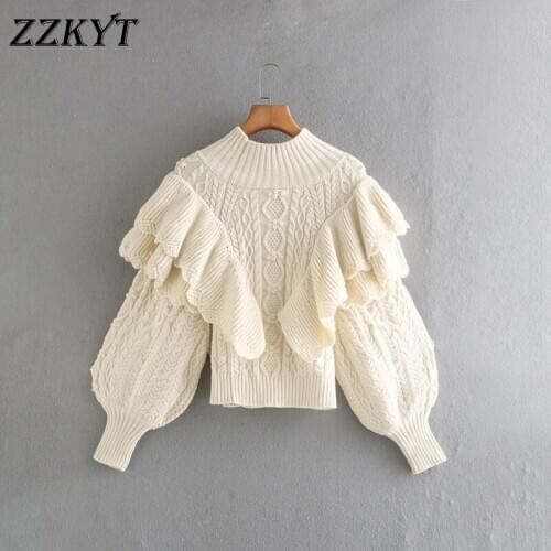 2021 Winter Fashion Ruffle Cropped Knitted Womens Sweater Vintage High Neck Lantern Sleeve Female Pullovers Chic Tops