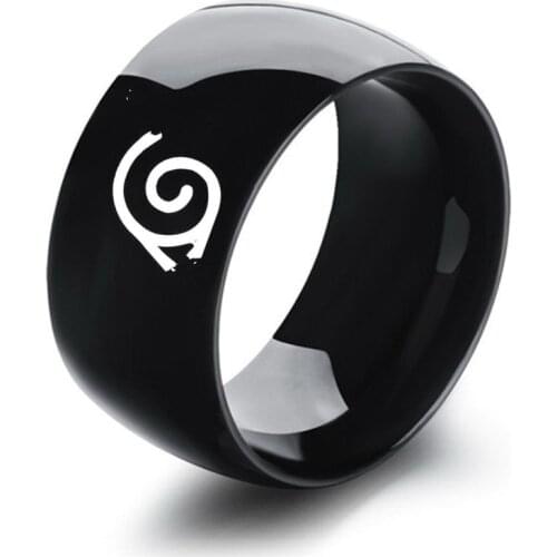 12mm NarutE Ring Leaf KonohO Village Symbal Logo Sign Sasuke Ninja Titanium Steel Anime Jewelry Cosplay for Men and Women