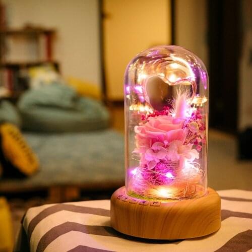 3 Style Flower Lamp BT Speaker 3 Color Effects Nightlight LED Strip with Glass Dome and Wood Base Rechargeable LED Rose Lamps