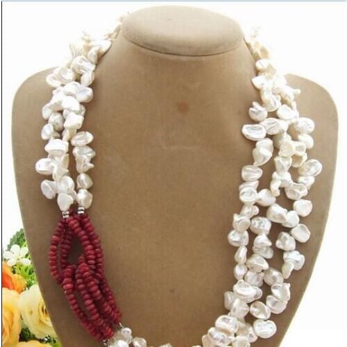 FREE SHIPPING>>> FREE SHIPPING>>>Beautiful 3Strds White Keshi Pearl Necklace