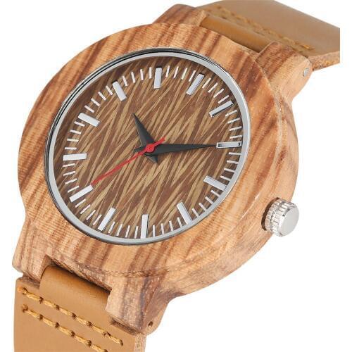 Brown Genuine Leather Wood Watch Men Coffee Stripes Unique Nature Wooden Mens Watch Quartz Movement reloj masculino New 2019