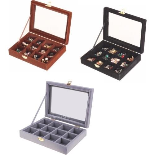 12 Grids Ring Cufflinks Case Box Jewelry Display Velvet Carrying Case with Glass Cover Jewelry Showcase Storage Organizer