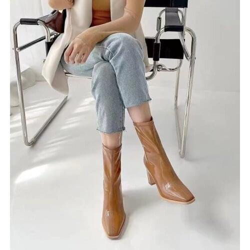 2021 autumn and winter patent leather high-heeled Martin boots women Korean style thick heel square toe elastic boots