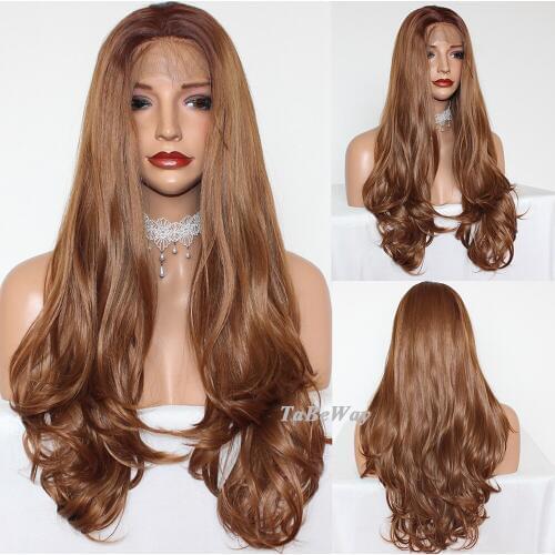 TaBeWay Long Wave Lace Front Wigs Brown Color Wig Heat Resistant #33/30 Glueless Wavy Synthetic Lace Front Wigs for Black Women