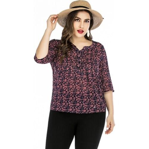 Elegant Plus Size Blouses Women Tops Loose Style Casual Shirts Office Ladies Flowers Blusas XL-6XL V-neck Femme Robes