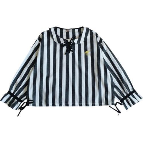 Cotton Blouse Long Sleeve Vertical Stripes Umi Embroidery Lace Up Peter Pan Collar 2017 Autumn Women Shirt Top Preppy Style