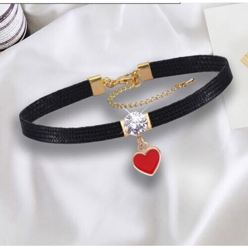 Classic Choker Red Heart Pendant Zircon Black Leather Torques Fashion Women Jewelry