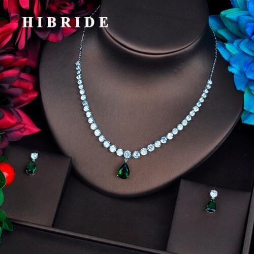 HIBRIDE Green Tear Drop Wedding Jewelry Sets Women Dresses Accessories Necklace Sets Round Cut Cubic Zirconia Jewelry N-557