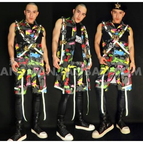 Summer Nightclub Male singer DJ long design Fluorescence Camouflage Uniform shorts Set Party Show Stage costumes