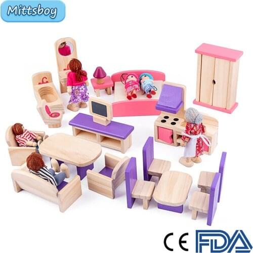 Miniature Furniture Montessori Play House Toy For Dolls Wooden Dollhouse Furniture Set Educational Pretend Plays Toys Kids Girls