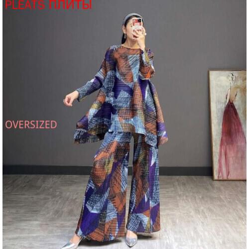Miyake Folds 2021 New Spring Print Large Size Thinner Two-piece Fashion Suit Women Trousers Suit Two Piece Set Tshirt and Pants