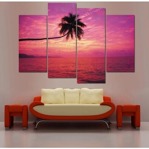 Four-Piece Set Nordic Canvas Painting Hd Seaside Beach Tree Landscape Art Poster Home Decoration Living Room Mural Without Frame