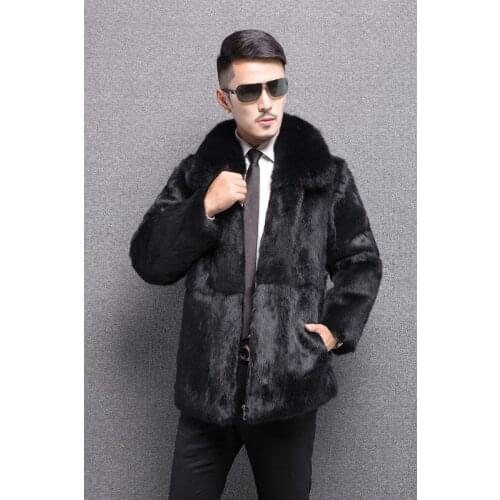 Real genunie natural rabbit fur coat with fox fur collar men fashion jacket warm winter custom any size