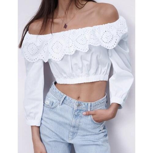 New spring and summer womens white short shirt hollow embroidered blouse sexy girl sexy tops