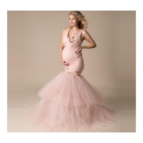 New Arrival Mermaid Maternity Dresses Sleeveless With Ruffles Puffy Handmade Flower V Neck Strechy Long Plus Size Pregnancy