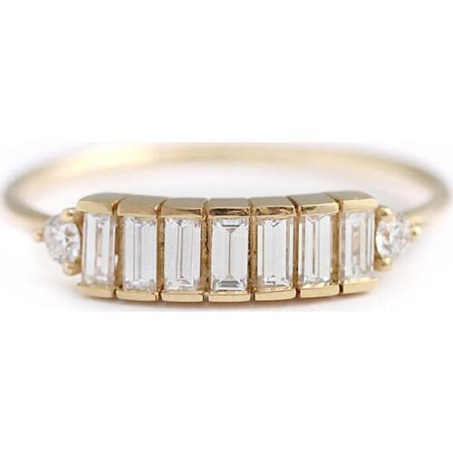 14K Yellow Gold 7pcs Emerald Moissanite Engagement Baguette Ring Band Total 0.9ctw lab Diamond Solitaire Wedding for Women