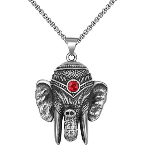 Stainless Steel Punk Rock Vintage Animal Thailand Elephant with Red Stone Pendant Necklace Jewelry Gift For Him with Chain