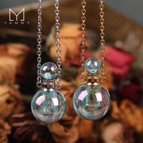 Electroplated White Crystal,Ball Lamps Shape Perfume Bottle Pendant Necklace,Women Stone Essential Oil Bottle Gold Chains Jewel