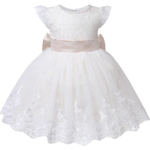 Baby Girl Dress Bead Lace Tulle Toddler Girl Christening Gown Big Bow Infant Party Baptism Dress for Newborn 1 Year Birthday