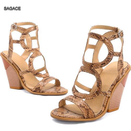 SAGACE Snake print Open Toe High Heel Buckle Hollow Out Shoe Large Size Sandals Fashion Female Slides Summer Shoes Sandalias