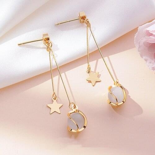 Cat Eye Earrings Opal Long-chain Star Drop Earrings Gift for Her Goldtone Unique Jewellry for Women Swing with every movement