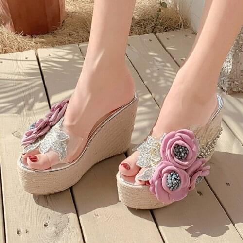 Camellia lace beaded ladies slippers summer new transparent linen woven wedges super high heel open toe beach sandals