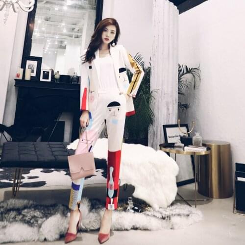 Temperament Womens Suit Vintage Print Autumn Slim Long Sleeve Womens Jacket Blazer Fashion Casual Pencil PantsTwo-piece