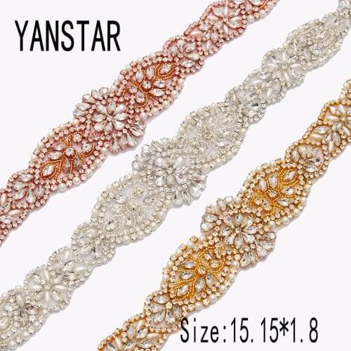 YANSTAR 30PCS Wholesale Rhinestone Applique Bridal Belt Clear Crystal Iron On For Wedding Dress Sparkle You Gown YS979