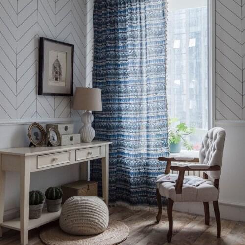 Curtain finished geometric printing Bohemian blue small window kitchen curtain cotton linen semi shading floating window single