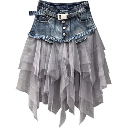Womens Denim Tulle Skirts Asymmetrical Mesh Patchwork Pocket Empire Pleated Midi Skirt Tassel Streetwear Short Jean Skirt