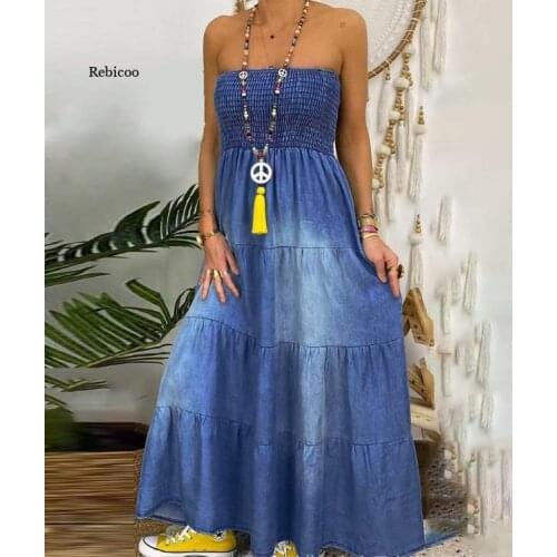 Women Elastic Bust High Waist Dress Denim Summer Dress Sleeveless Blue Color Strapless Big Swing Loose Casual Dress