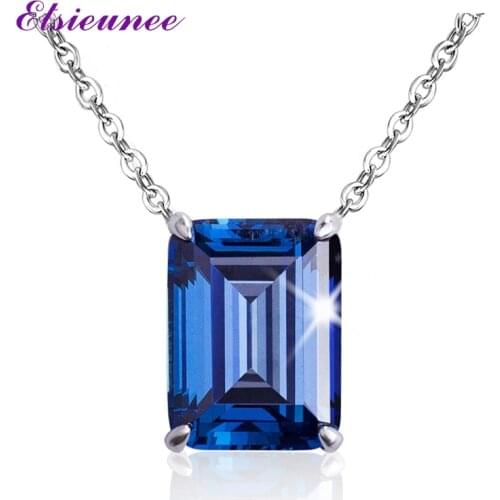 ELSIEUNEE 100% 925 Sterling Silver Emerald Cut Sapphire Gemstone Wedding Cocktail Party Pendant Necklaces for Women Fine Jewelry