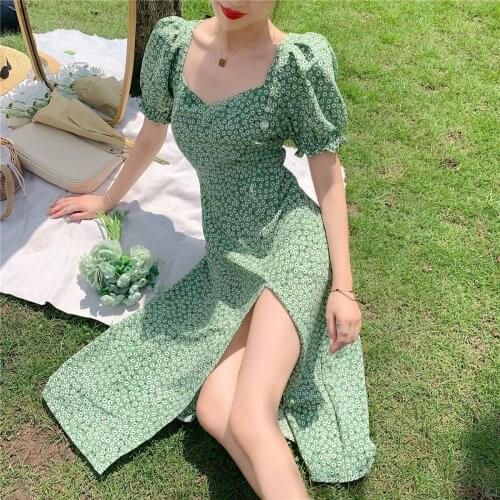 French square neck floral dress female 2021 small fresh and sweet Korean temperament thin split puff sleeve skirt