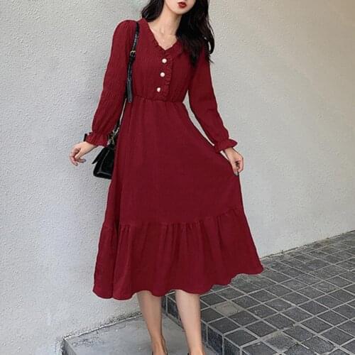 Short Sleeve Dress Women Pleated Puff-sleeve Calf-length High-waist A-line Midi Dresses Elegant Lady Solid Princess Vintage Chic