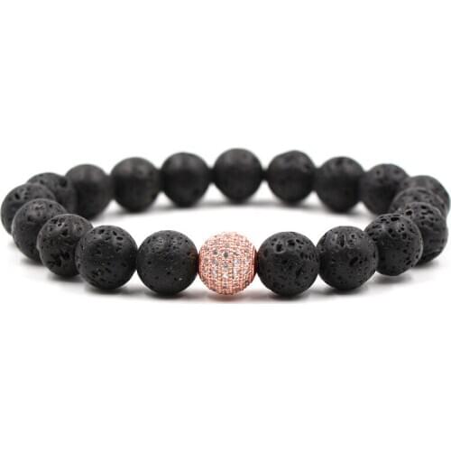 2019 Hot Micro Inset Zircon Ball Elastic Bracelets 10mm Black Lava Beads Bracelet Bangle for Men Women Fashion Jewelry Wholesale