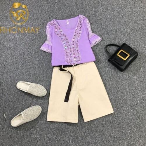 2021 Summer Women Work Wear Two Piece Set Shorts Suits Women Sequins T-shirt Tops + Casual High Waist Shorts Suits Female Outfit