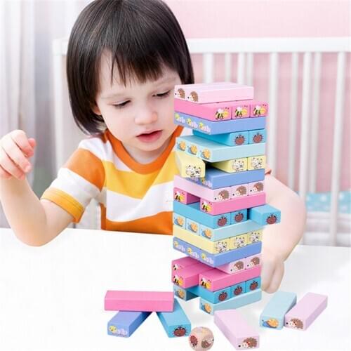 51PCS/set Wooden Rainbow Animals Tower Macaron Building Blocks Toy Domino Stacker Board Game Folds High Montessori Children Toys
